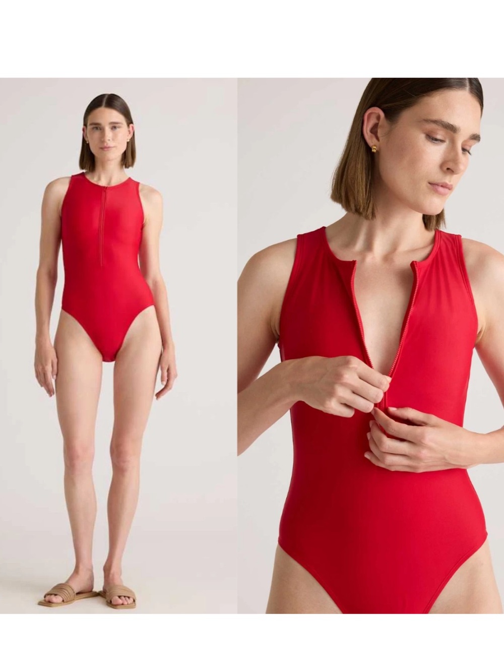 QUINCE Italian Zip-Front One-Piece Swimsuit in Cherry Red Size Small